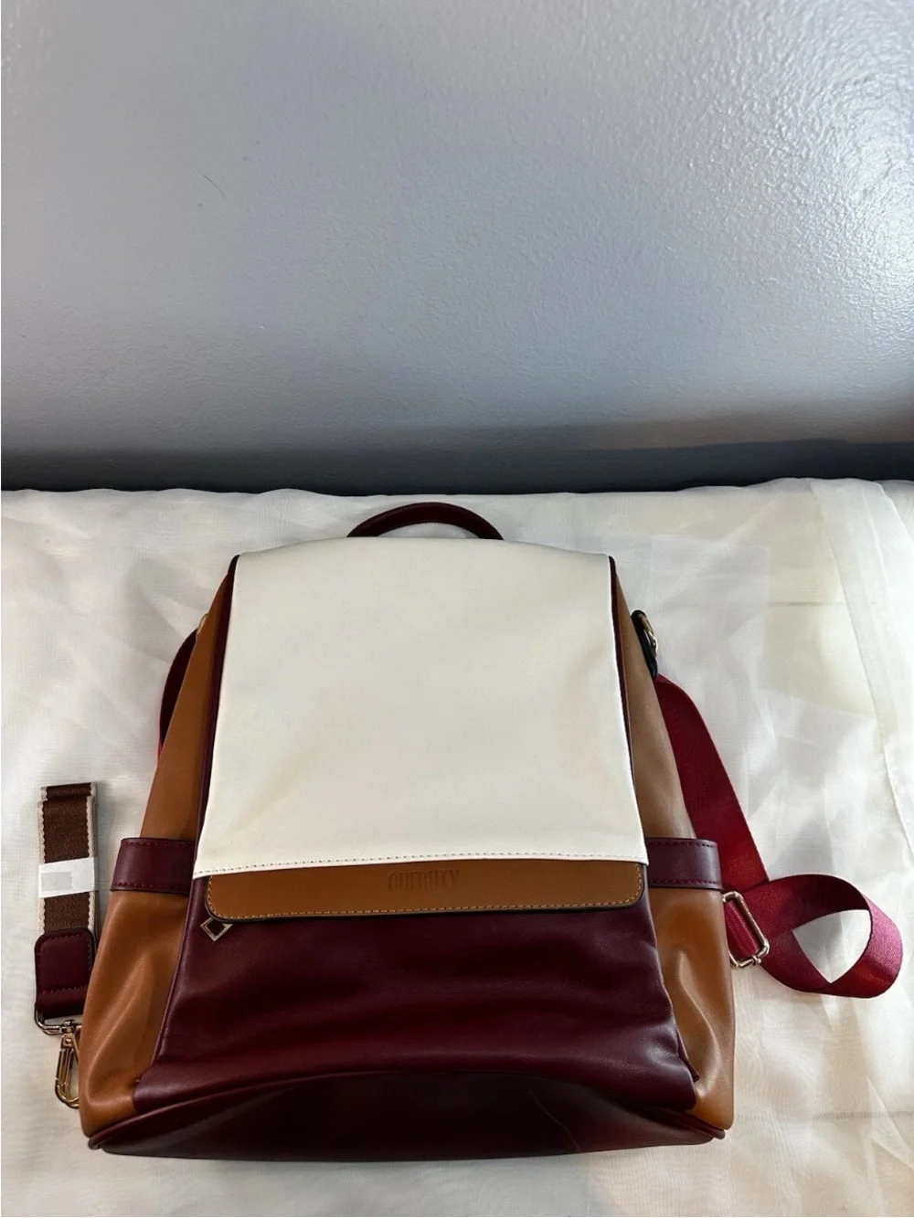 Tricolor Leather Backpack - Cream, Tan & Burgundy